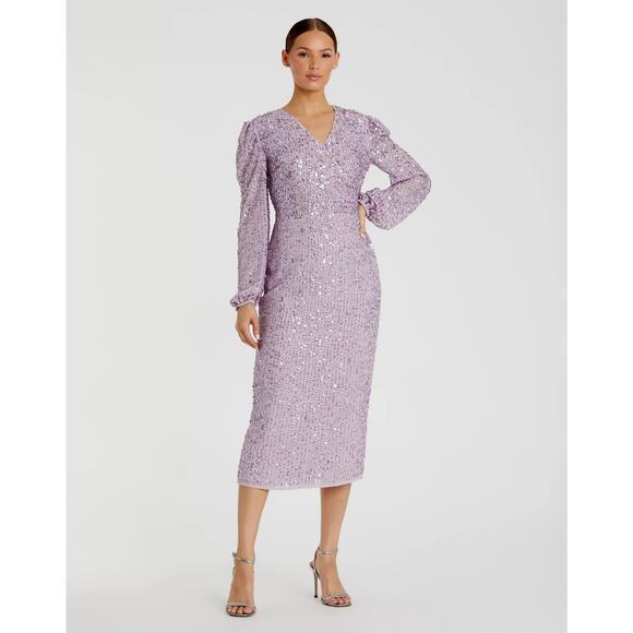 Mac Duggal Elegant Lavender Sequin Long Sleeve Midi Dress- 12 - Picture 1 of 3